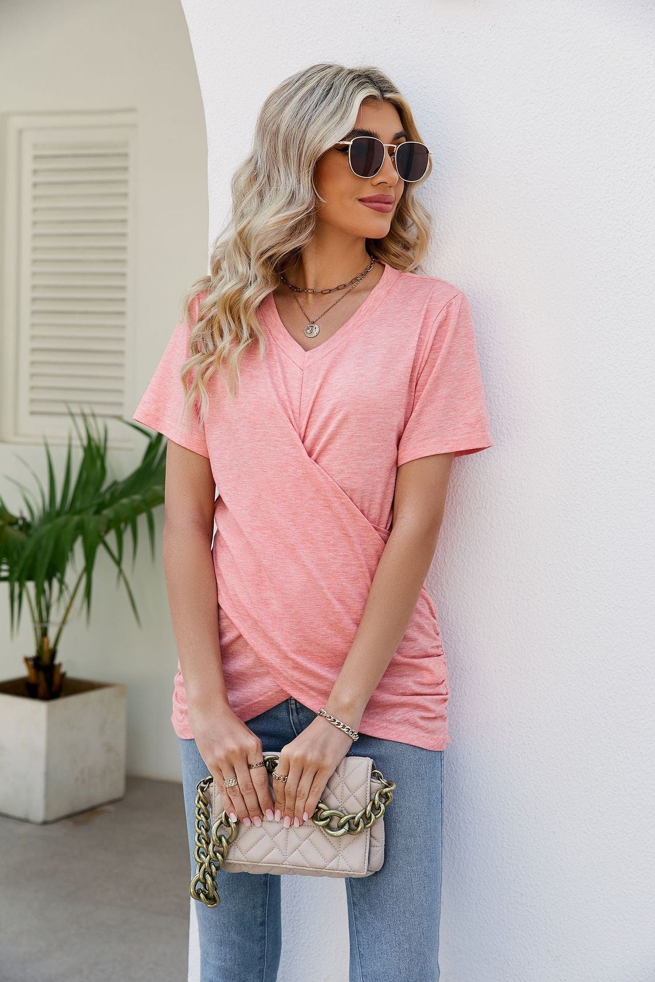 Full Size V-Neck Crisscross Short Sleeve Tee