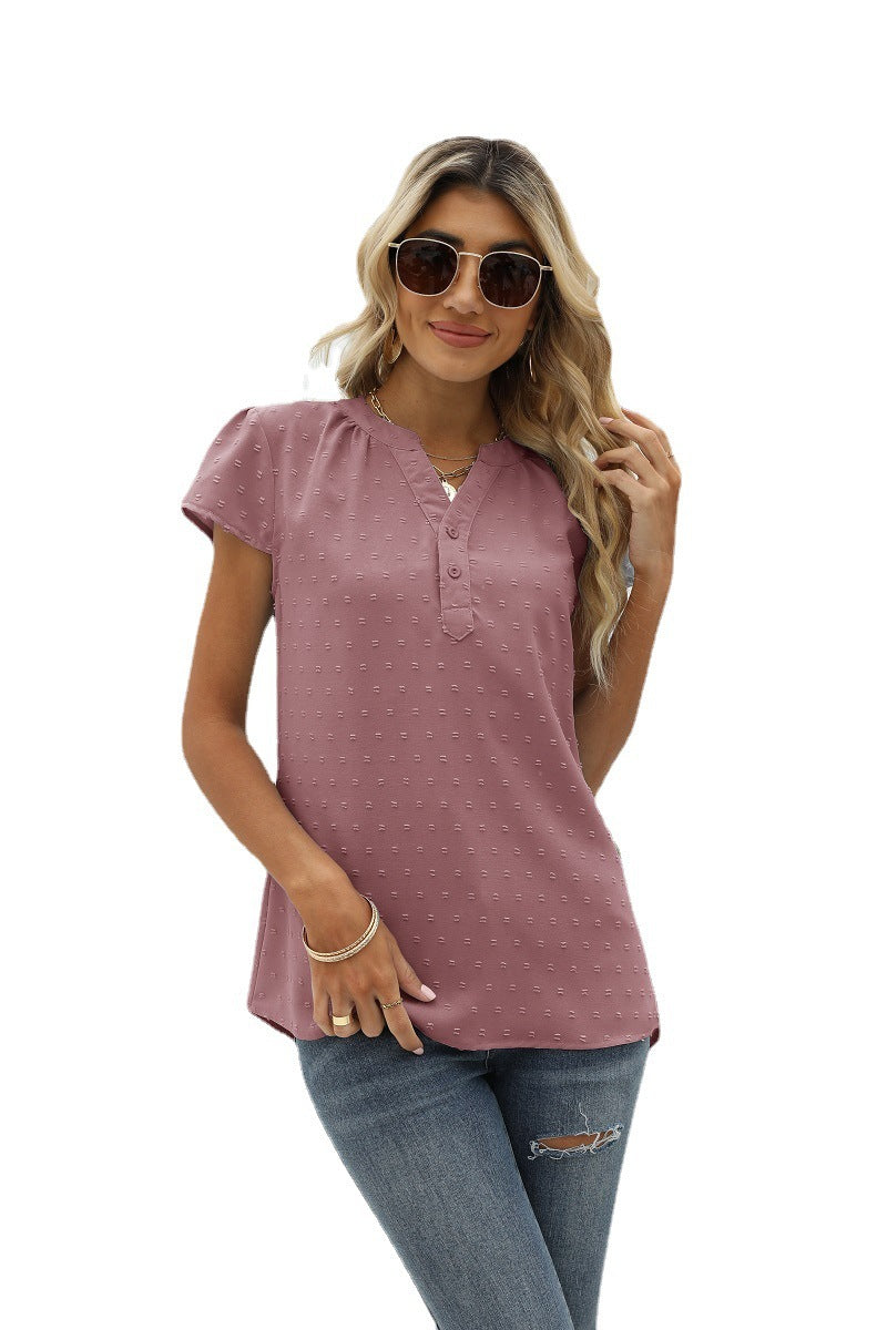 Full Size Swiss Dot Notched Neck Short Sleeve Top