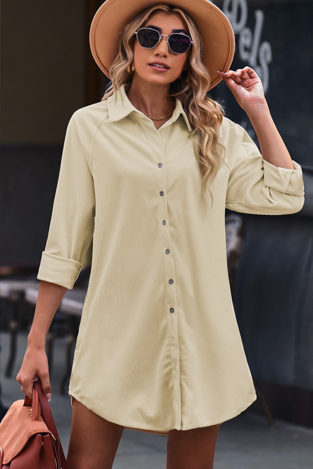 Women's Button Front Curved Hem Raglan Sleeve Shirt Dress