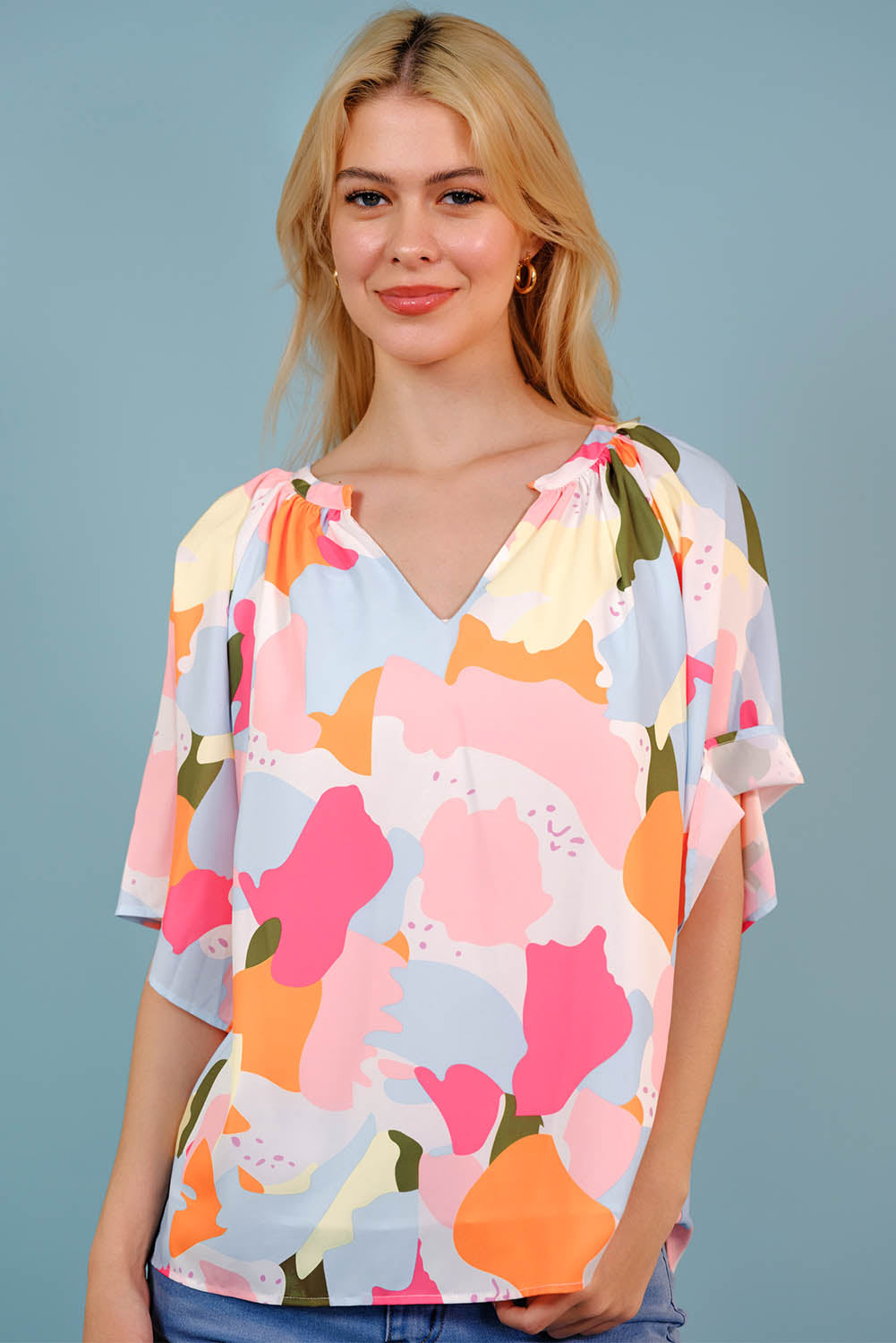 Women's Printed Notched Neck Half Sleeve Blouse