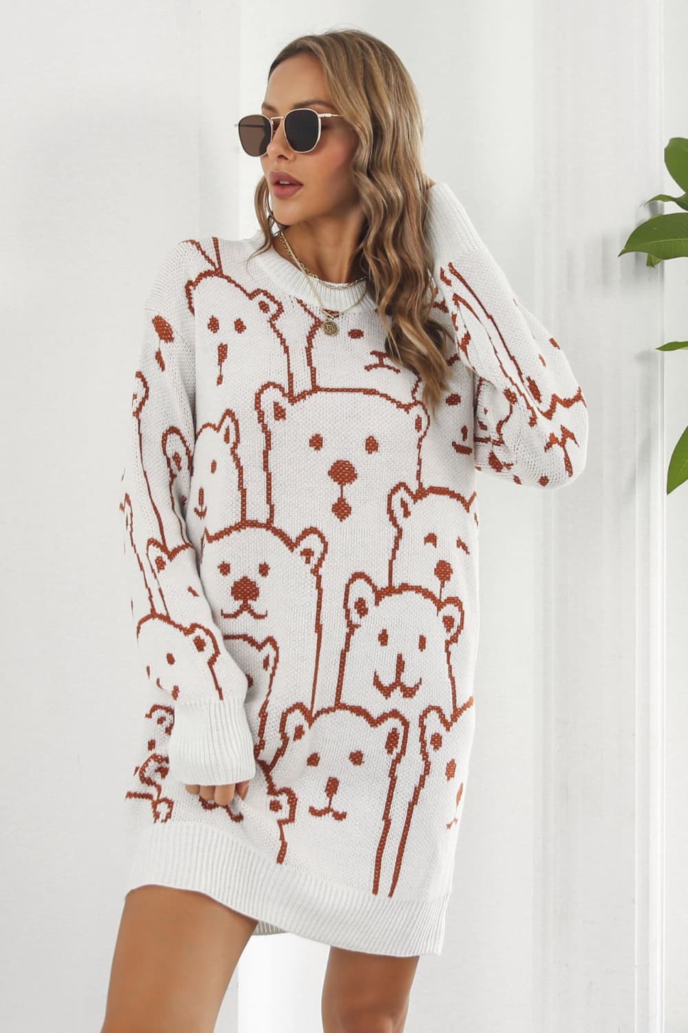 Athena Rea Bear Pattern Round Neck Sweater Dress