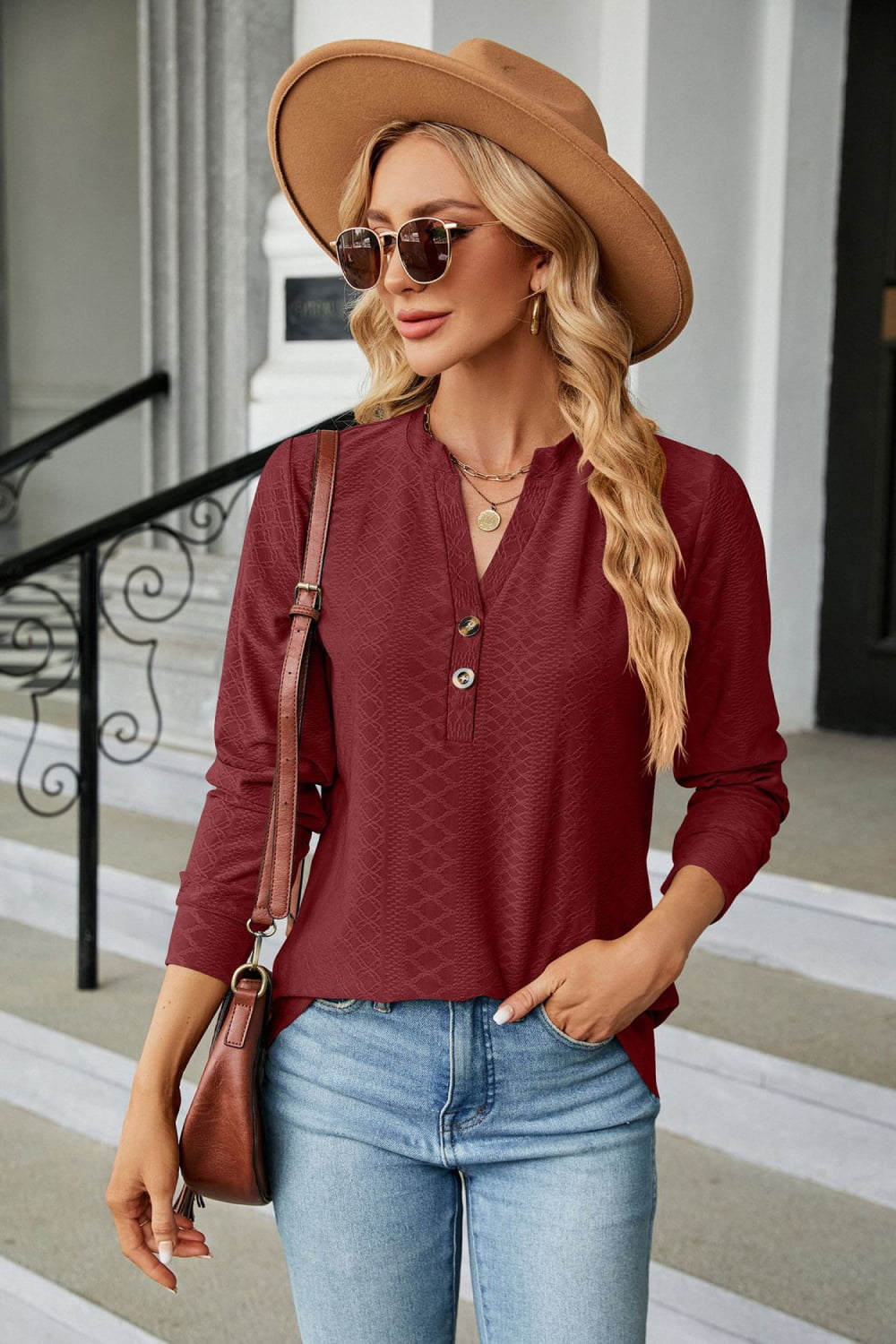 Full Size Notched Neck Long Sleeve Buttoned Blouse