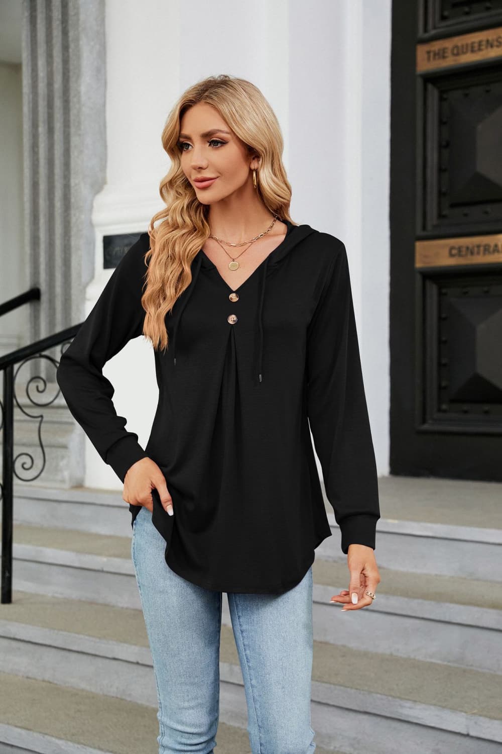 Full Size Long Sleeve Hooded Blouse