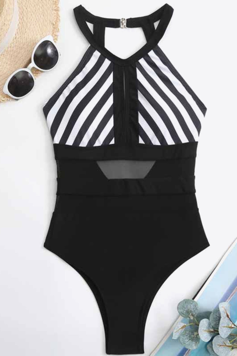 BEACHIN' Full Size Striped Backless One-Piece Swimsuit