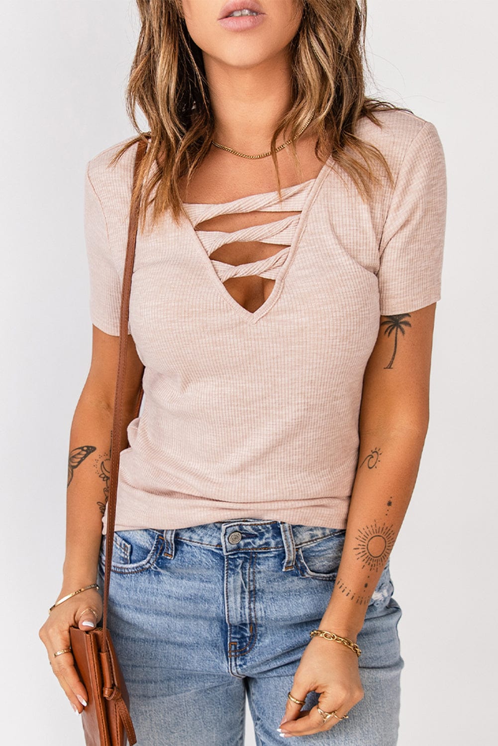 Full Size Strappy Ribbed Knit T-Shirt