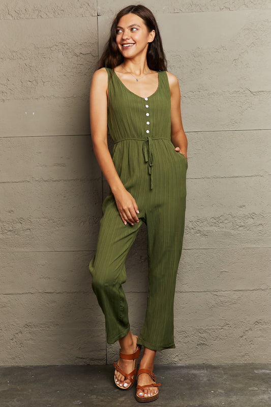Moss Green Tied Sleeveless Jumpsuit with Pockets