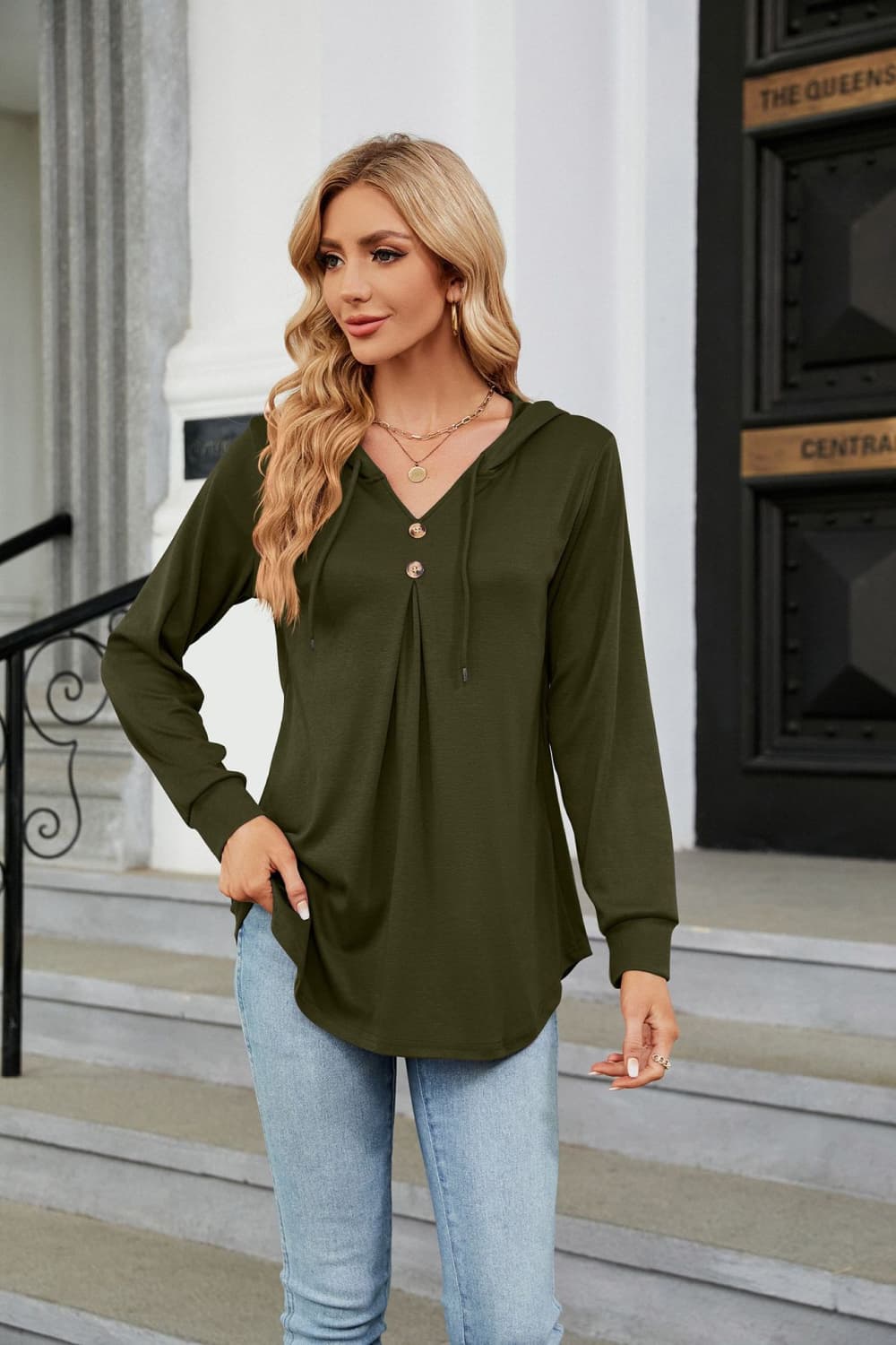 Full Size Long Sleeve Hooded Blouse