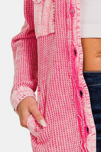 Zenana Fuchsia Waffle-Knit Button Up Dropped Shoulder Jacket