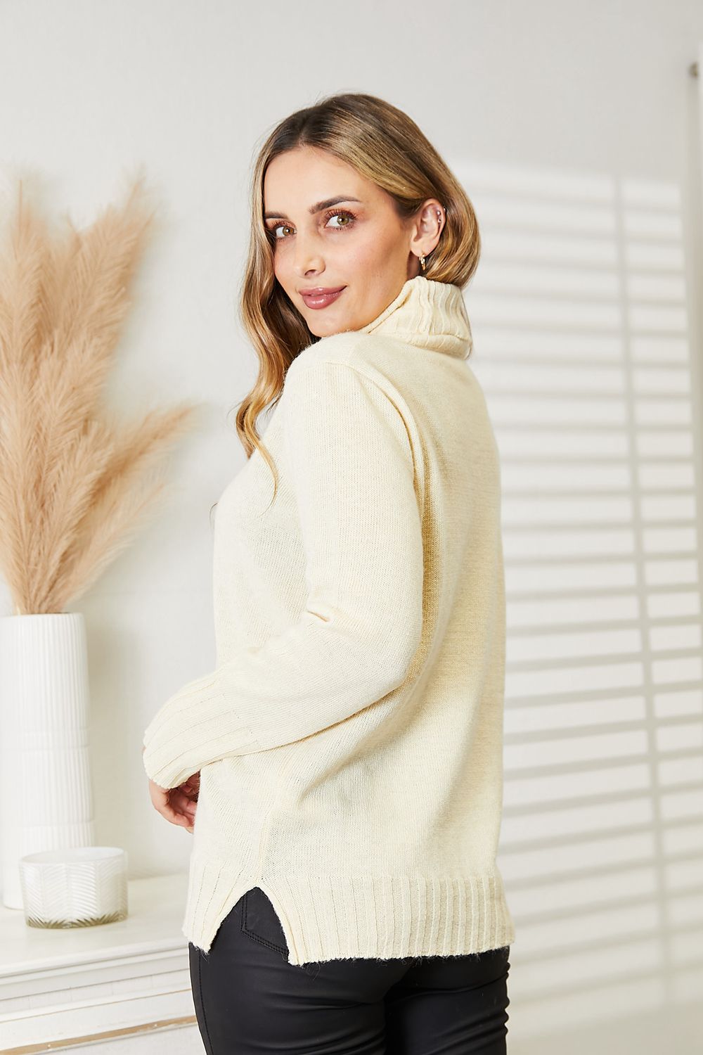 Heimish Cream Full Size Long Sleeve Turtleneck Sweater with Side Slit