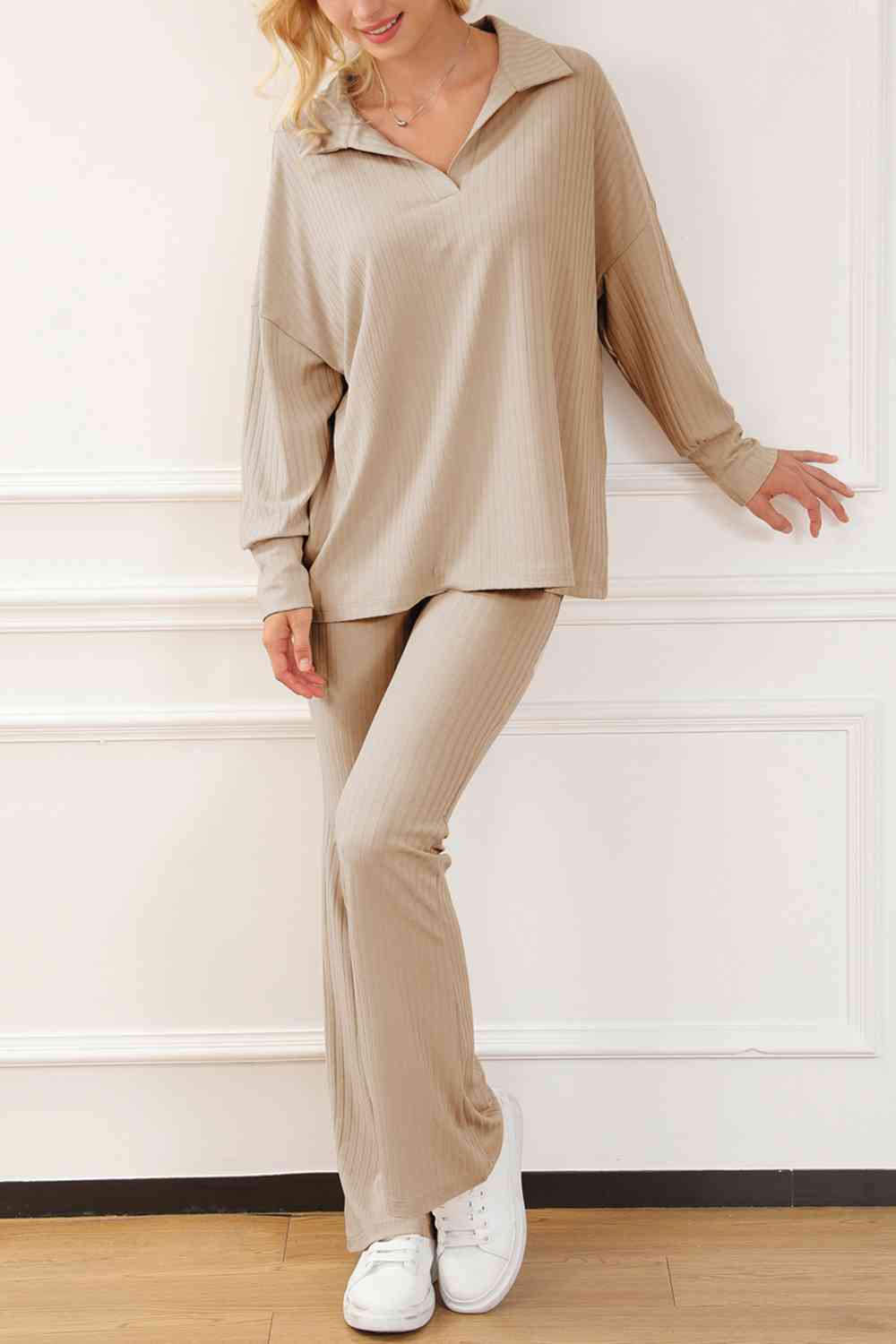 Sand Brown Collared Neck Drop Shoulder Top and Pants Set