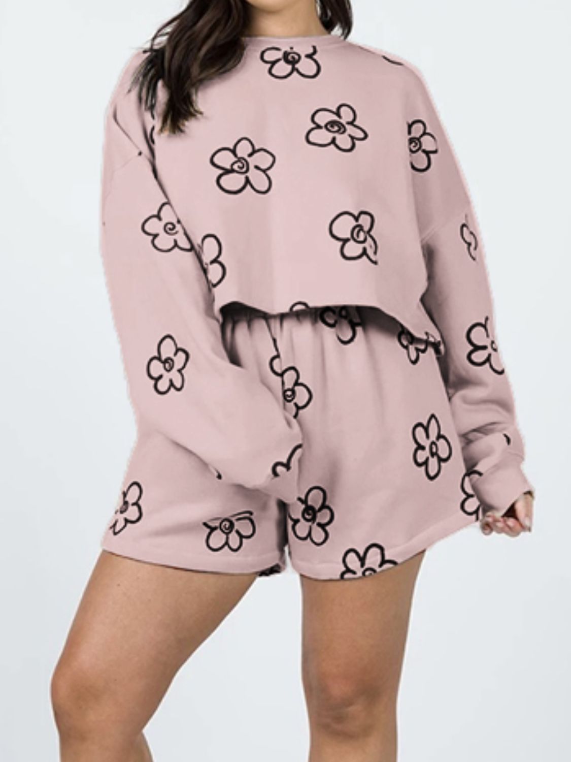 HANNAH MEA Floral Dropped Shoulder Sweatshirt and Shorts Set