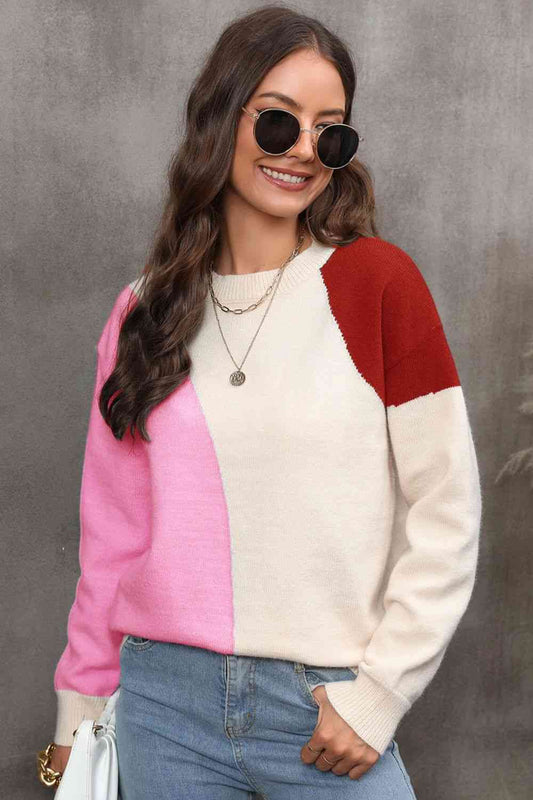 KnittedEmporium Color Block Ribbed Cuff Drop Shoulder Sweater