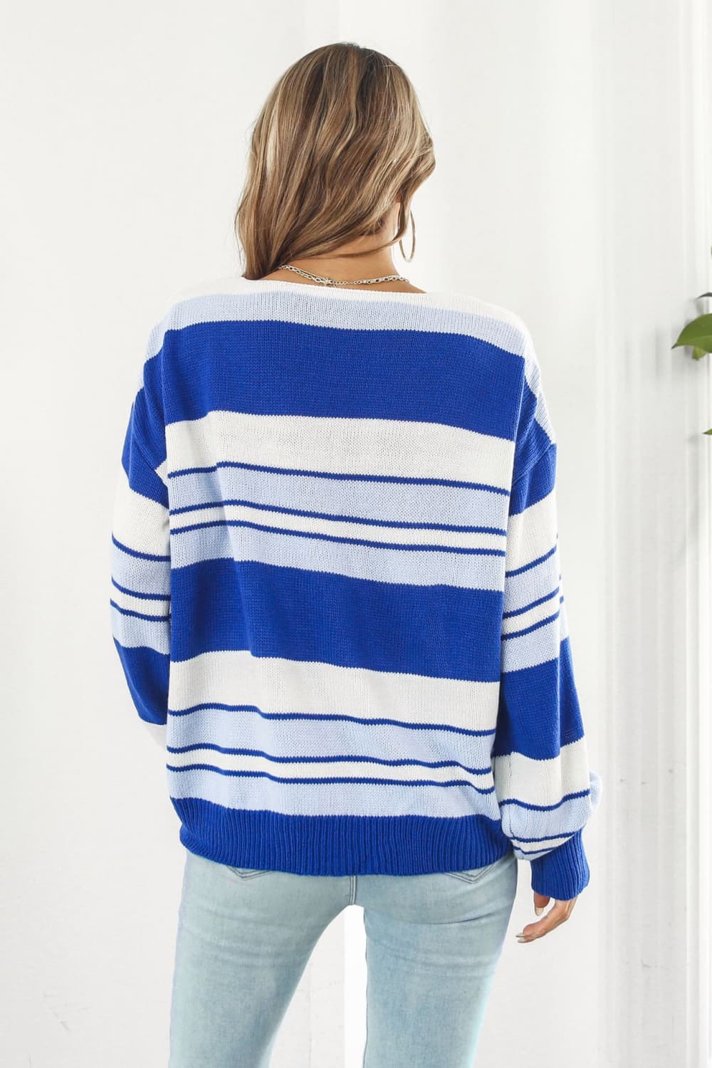 ZELDAlea Striped V-Neck Dropped Shoulder Sweater