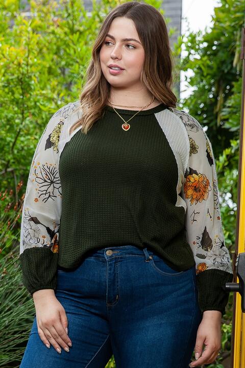 Plus Size Army Green Floral Waffle-Knit Round Neck Blouse