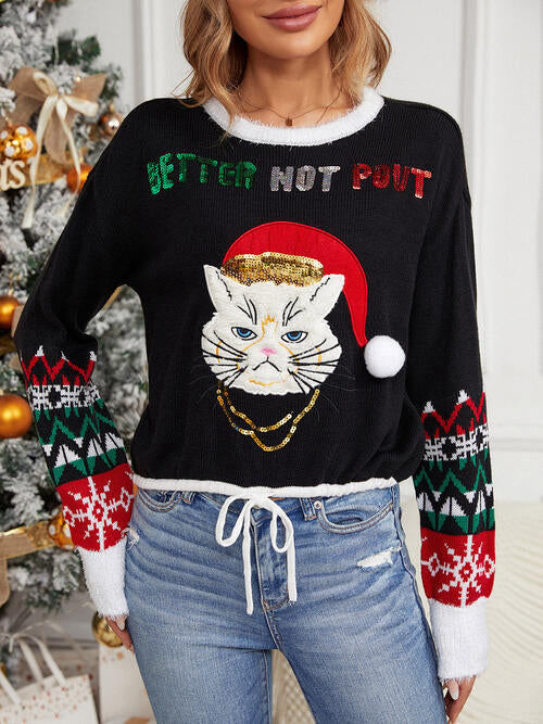 Christmas Themed Sequin Drawstring Long Sleeve Sweater