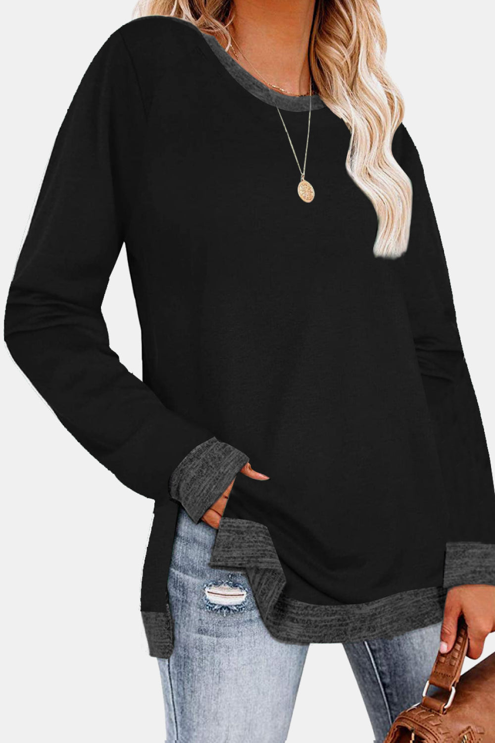 Full Size Round Neck Long Sleeve Slit T-Shirt