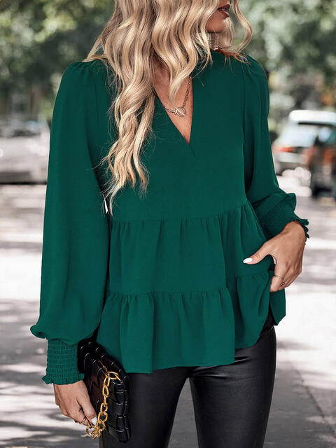 Green Notched Neck Lantern Sleeve Blouse