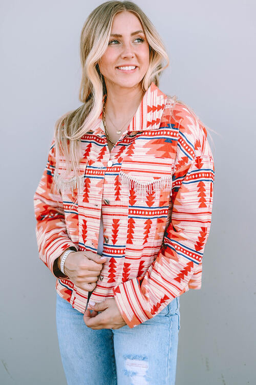 Strawberry Red Geometric Button Up Collared Neck Jacket