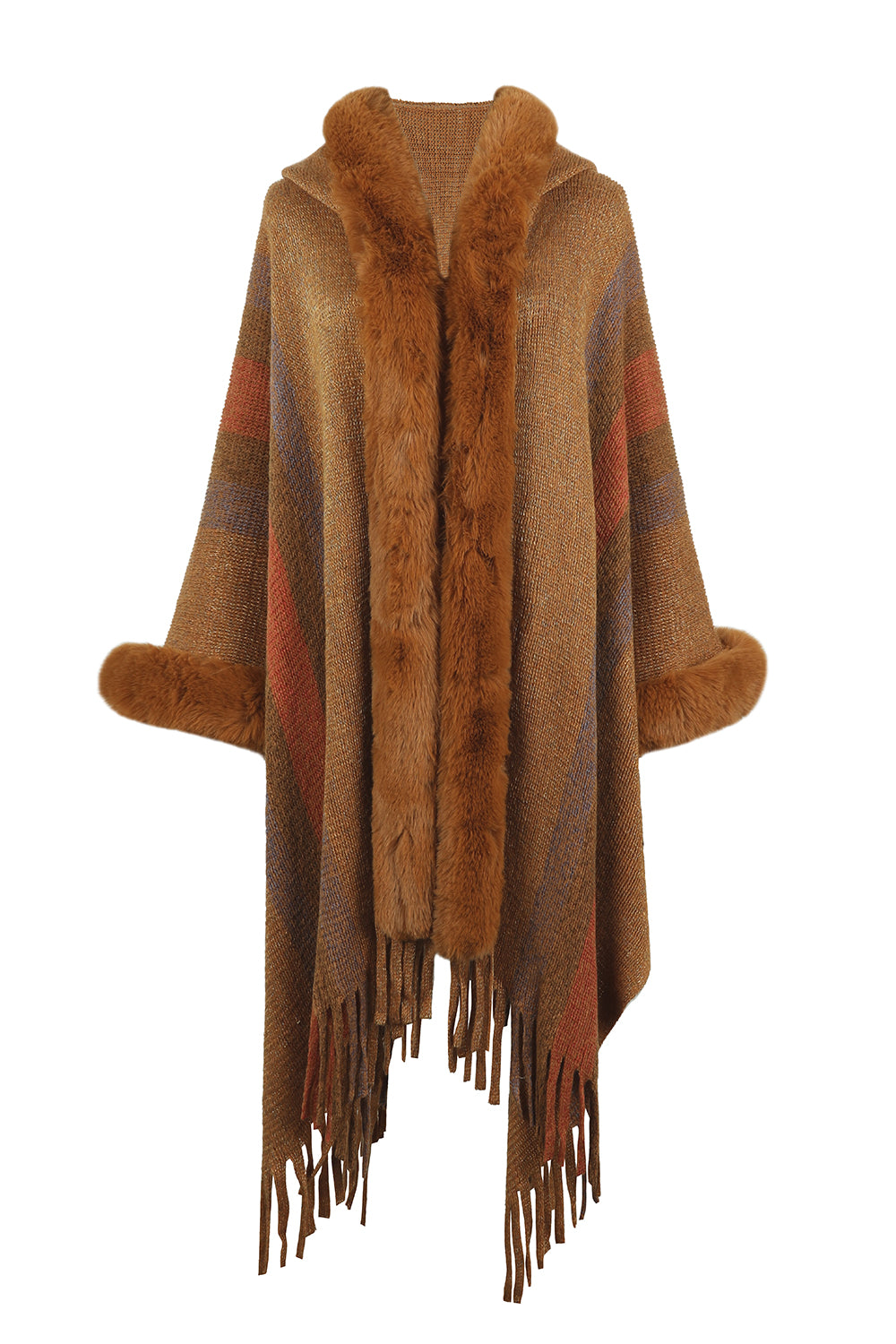 One Size Color Block Fringe Detail Poncho