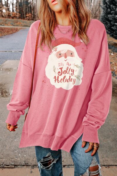 Christmas Themed Santa Claus Graphic Round Neck Slit Blush Pink Sweatshirt