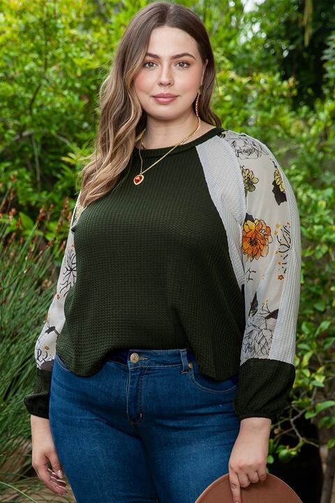 Plus Size Army Green Floral Waffle-Knit Round Neck Blouse