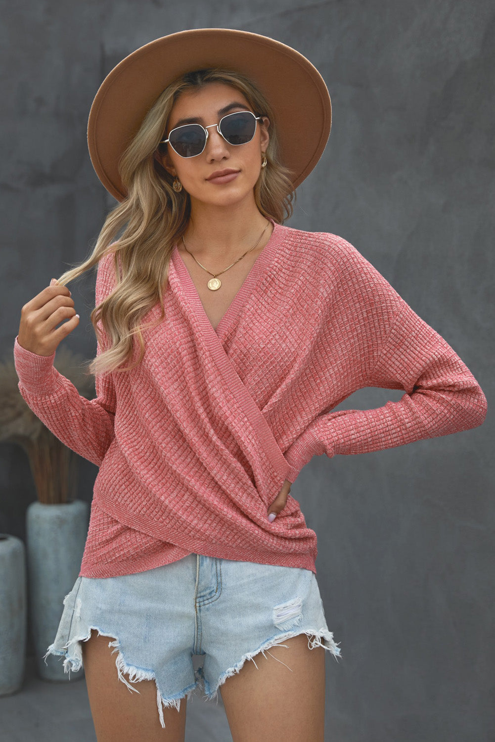 Full Size V Neck Wrap Front Knitted Top