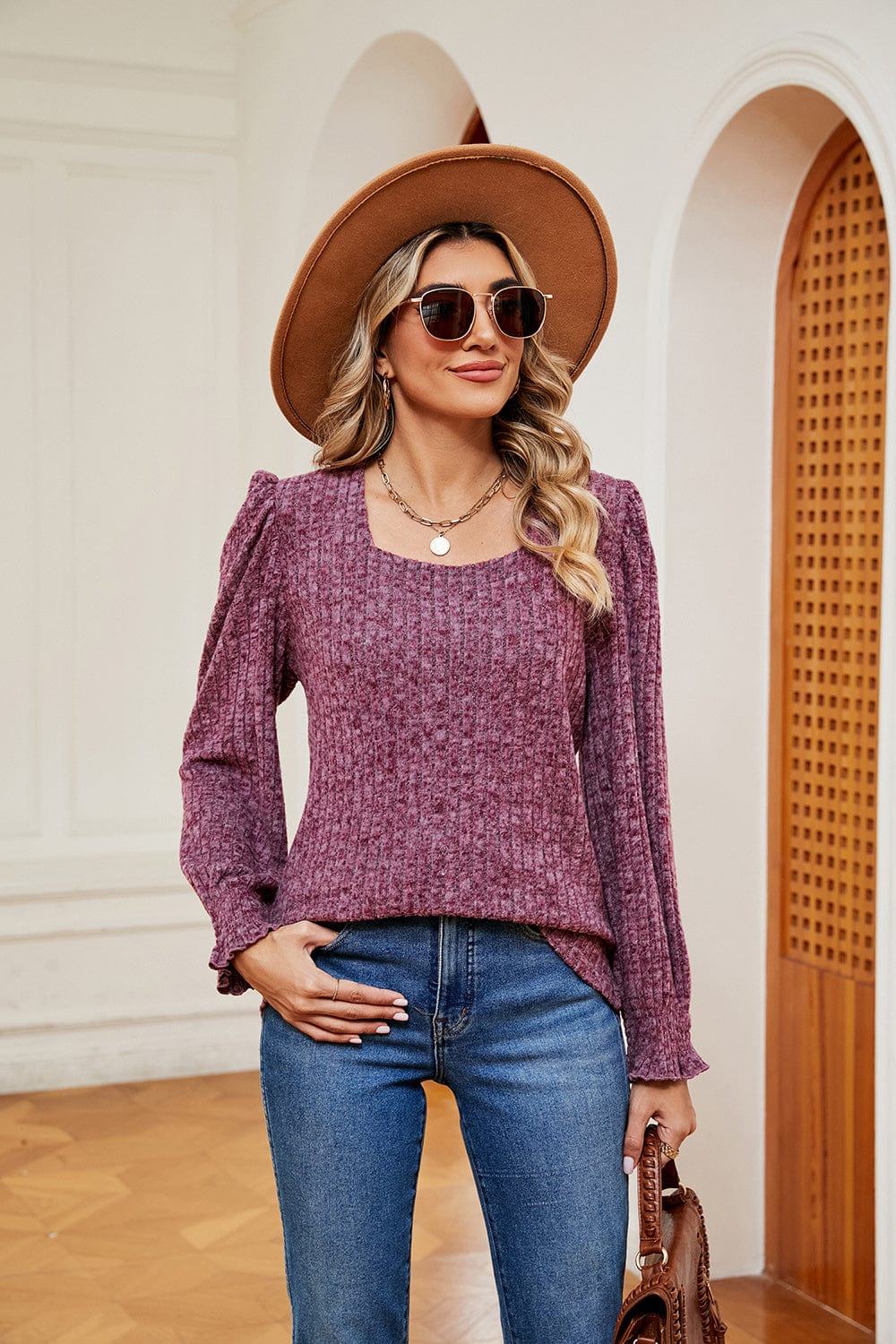 Full Size Square Neck Puff Sleeve Top