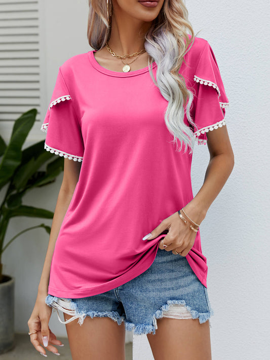 Malibu Dreams Pom-Pom Trim Flutter Sleeve Round Neck Tee