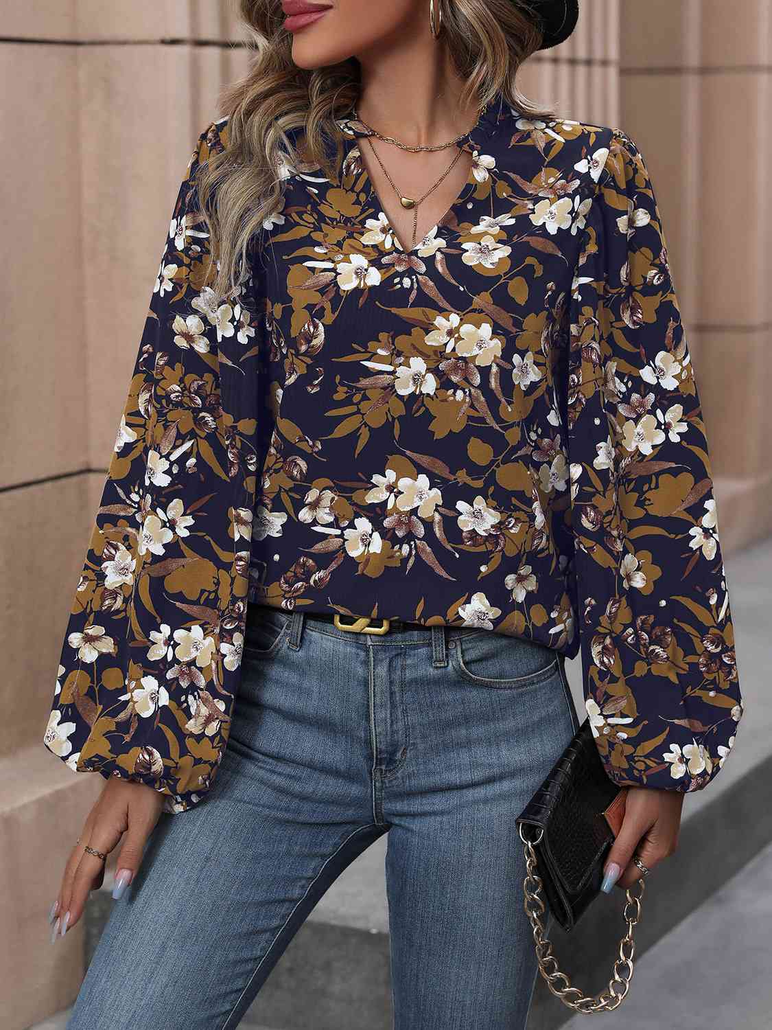 Navy Blue Floral Notched Balloon Sleeve Blouse