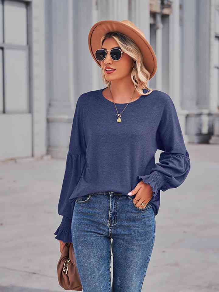 Full Size Round Neck Flounce Sleeve Blouse