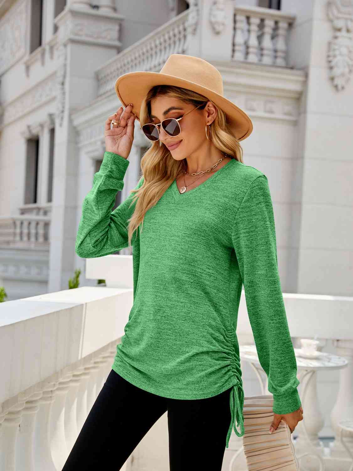 Full Size Drawstring V-Neck Long Sleeve T-Shirt