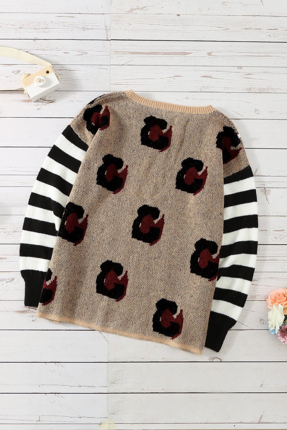Women's Eden Full Size Striped Sleeve Leopard Print Knitted Sweater
