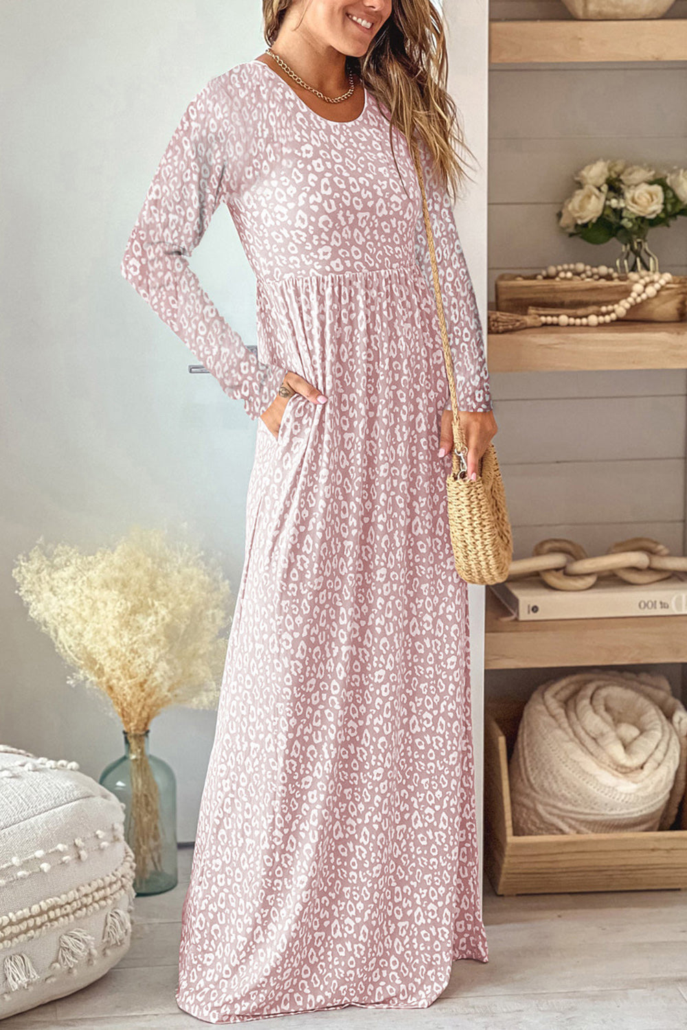 Leopard Round Neck Long Sleeve Blush Pink Maxi Dress