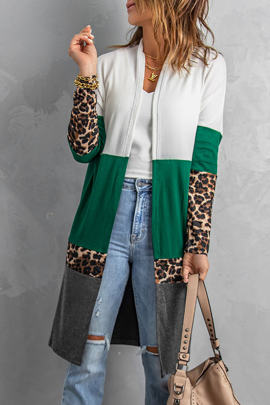 Full Size Leopard Color Block Open Front Longline Cardigan