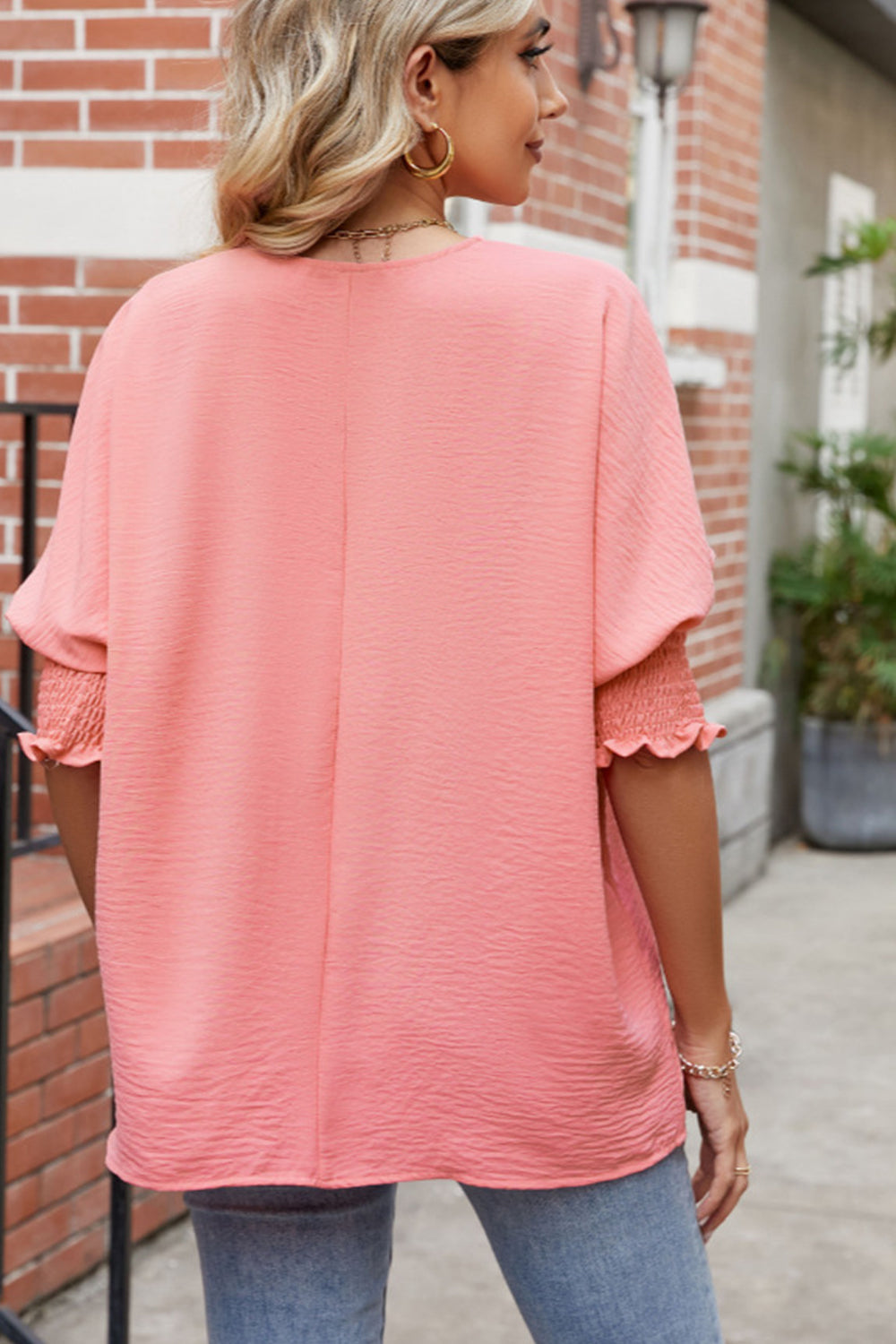 Full Size Round Neck Smocked Lantern Sleeve Blouse