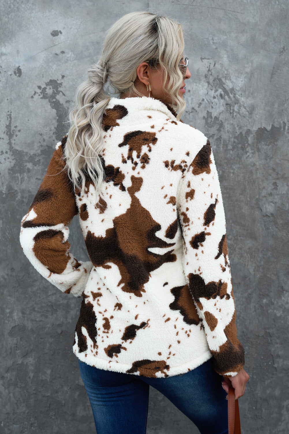 Full Size Cow Theme Quarter-Zip Long Sleeve Teddy Sweatshirt