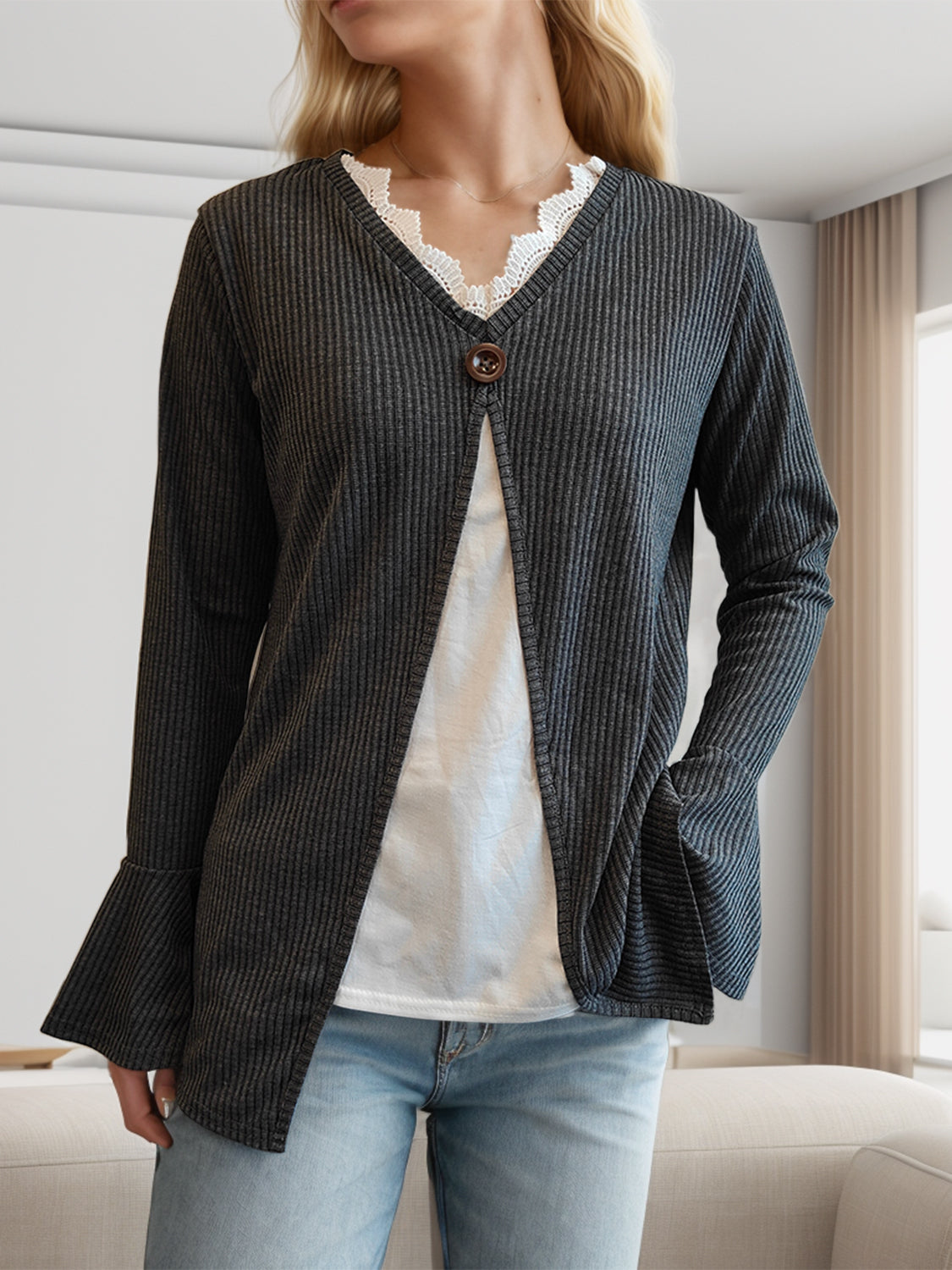 Faux Layered V-Neck Long Sleeve T-Shirt