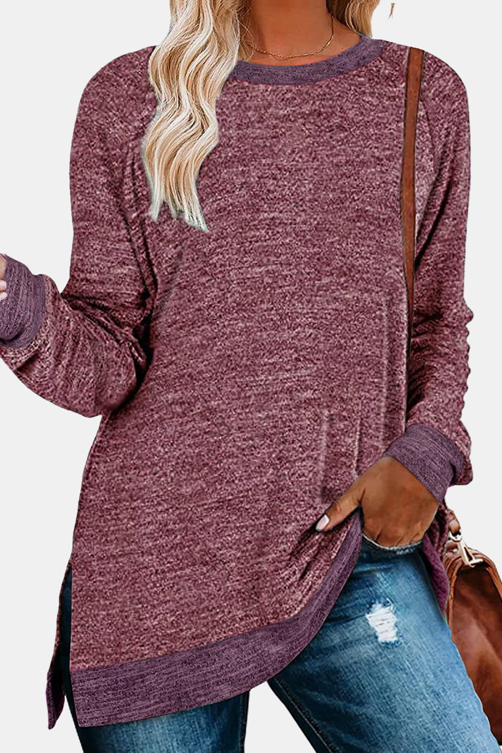 Full Size Round Neck Long Sleeve Slit T-Shirt