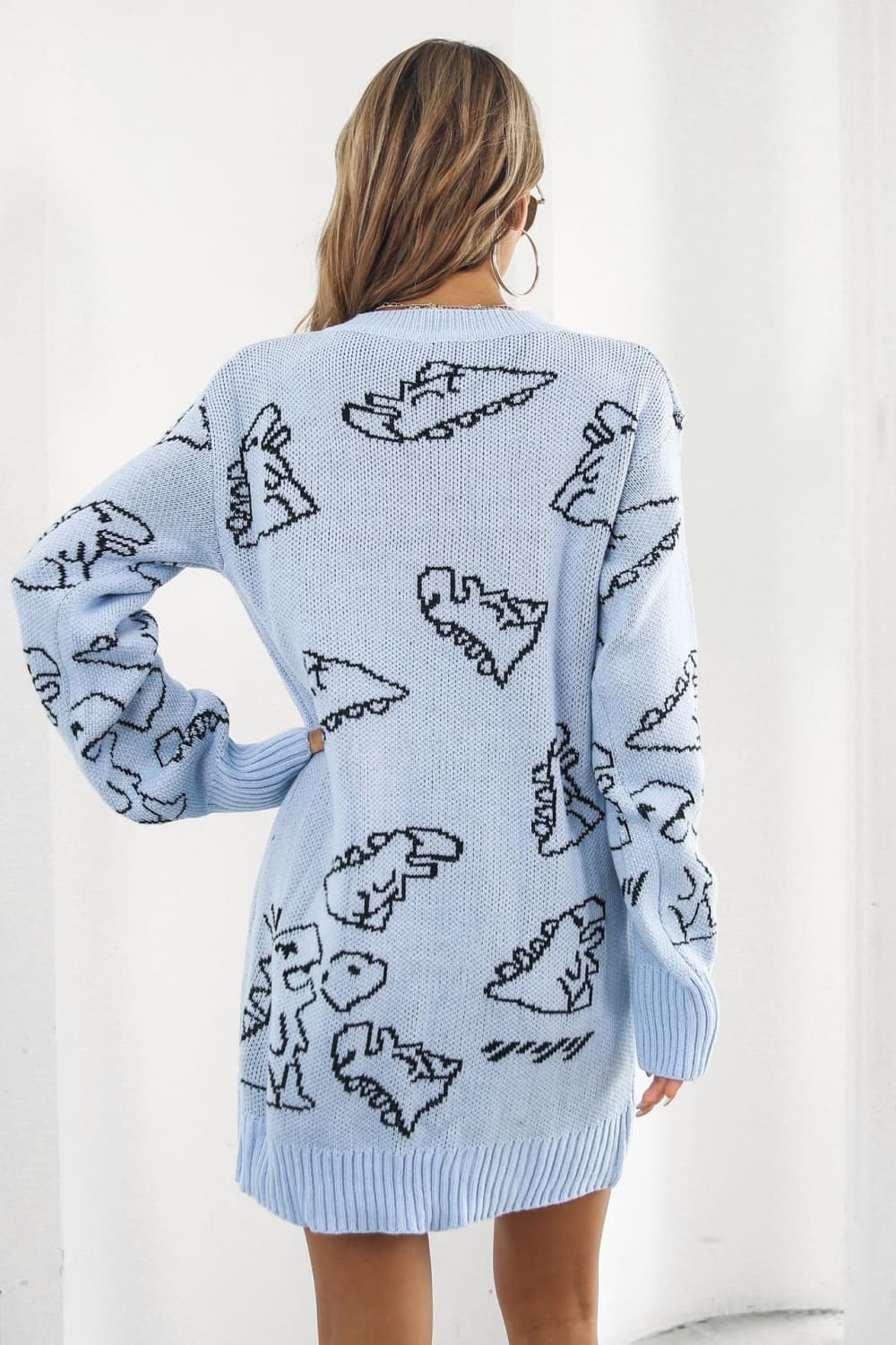 Athena Rea Dinosaur Pattern V-Neck Sweater Dress