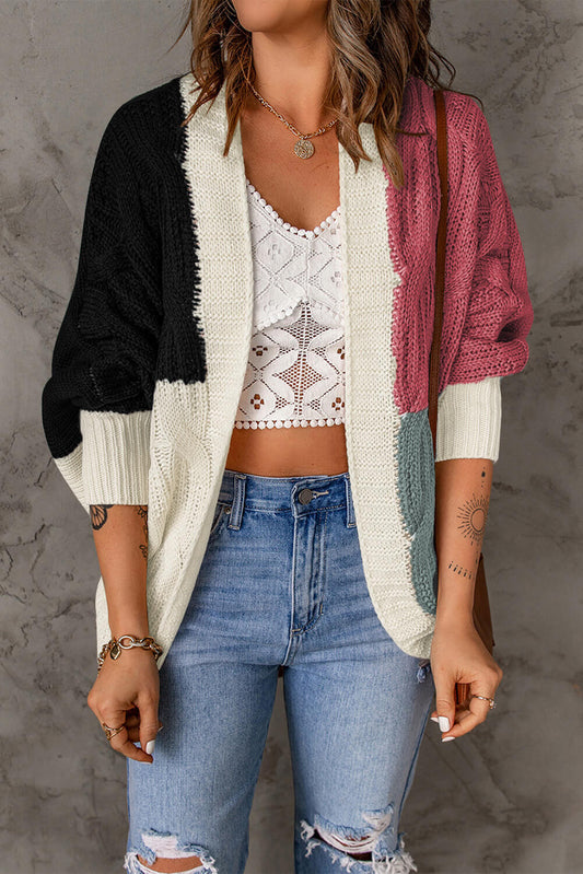 Full Size Color Block Cable-Knit Batwing Sleeve Cardigan