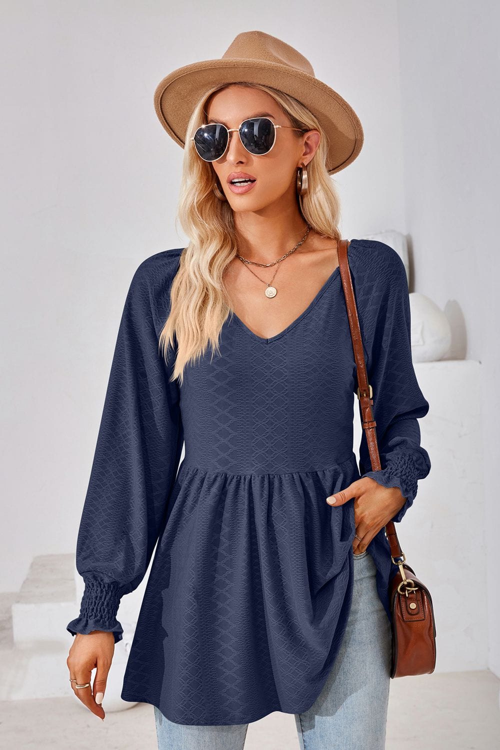 Full Size V-Neck Lantern Sleeve Blouse