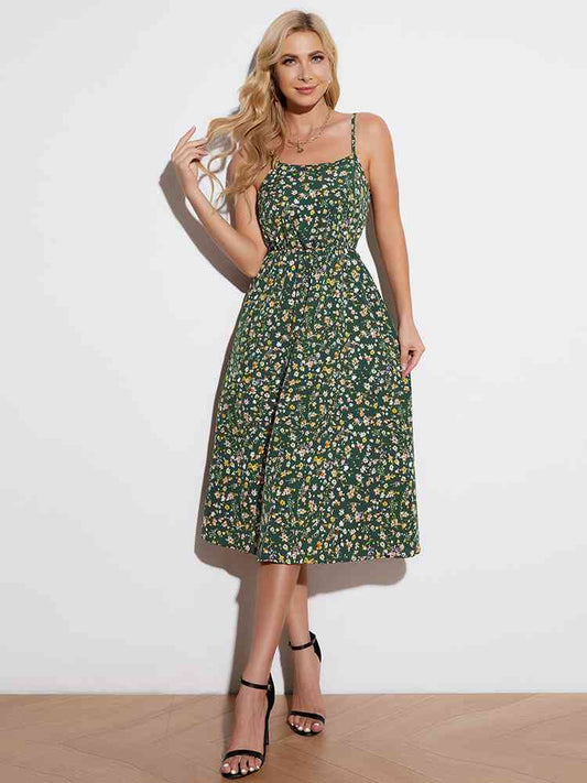 Forest Green Ditsy Floral Tied Spaghetti Strap Dress