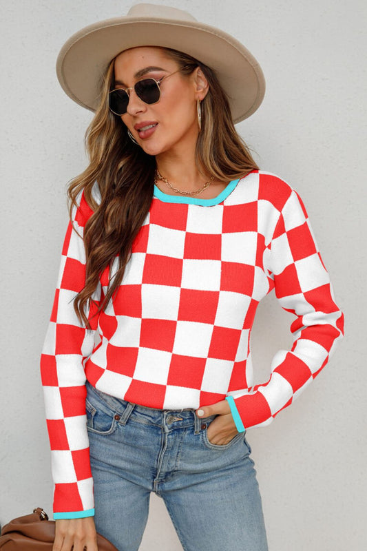 Women's Checkered Round Neck Sweater