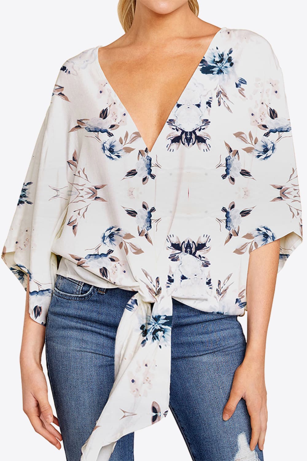 Full Size Printed Deep V Tie Hem Blouse