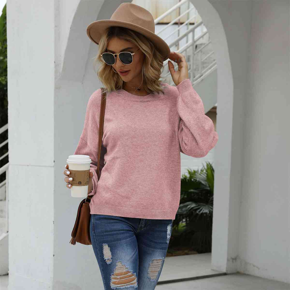 SnuggleTime Round Neck Long Sleeve Drop Shoulder Sweater