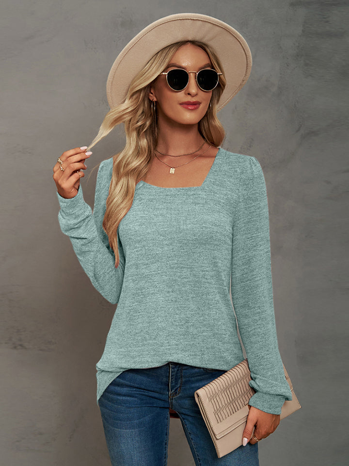 Full Size Heathered Square Neck Long Sleeve T-Shirt