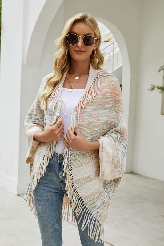 One Size Multicolored Fringe Trim Poncho