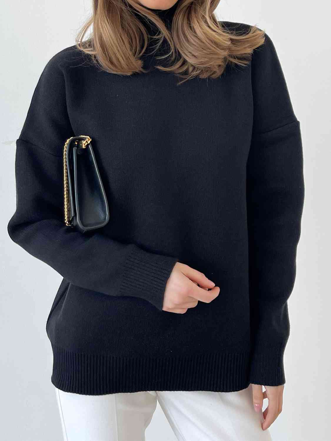 One Size Mock Neck Dropped Shoulder Sweater