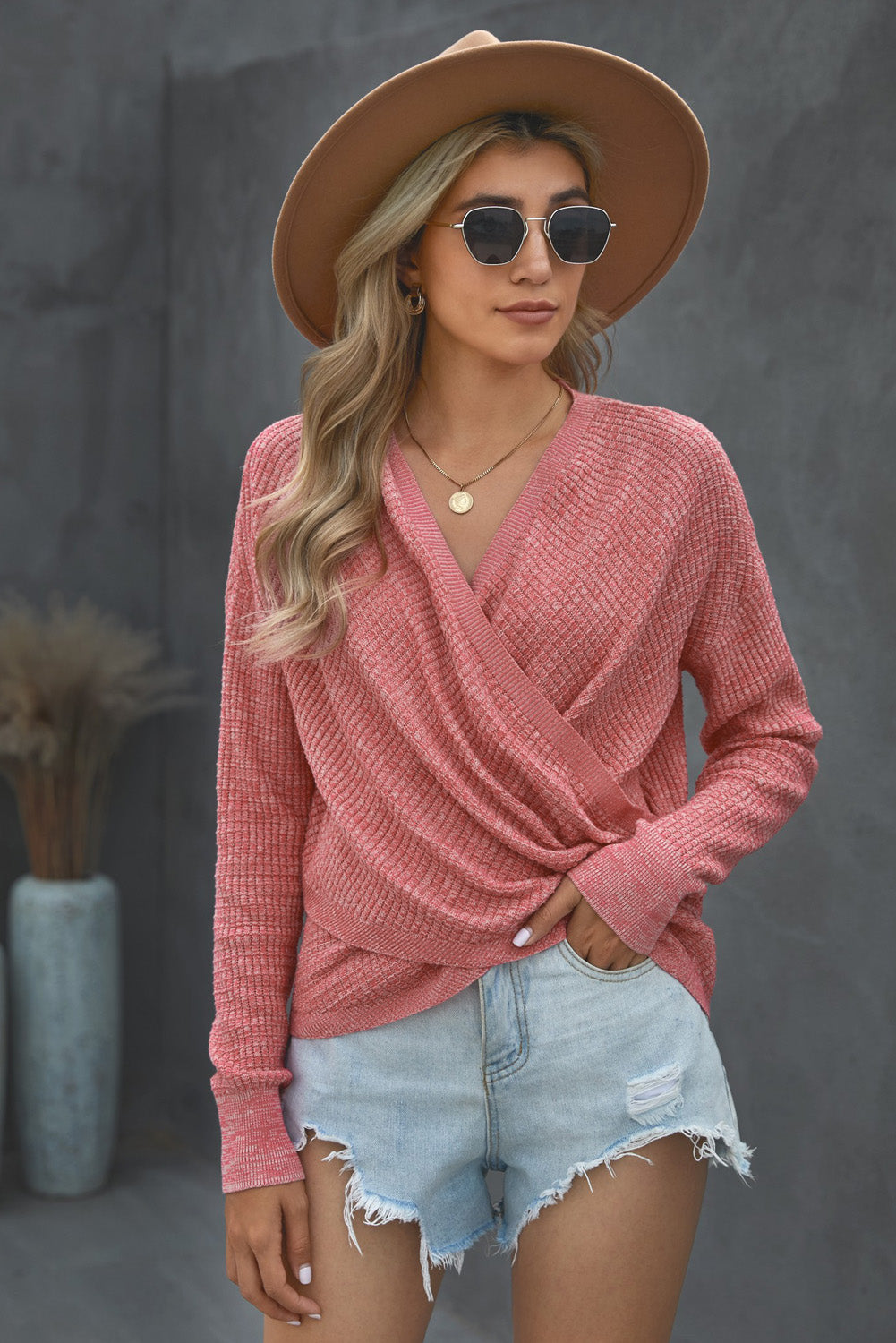 Full Size V Neck Wrap Front Knitted Top