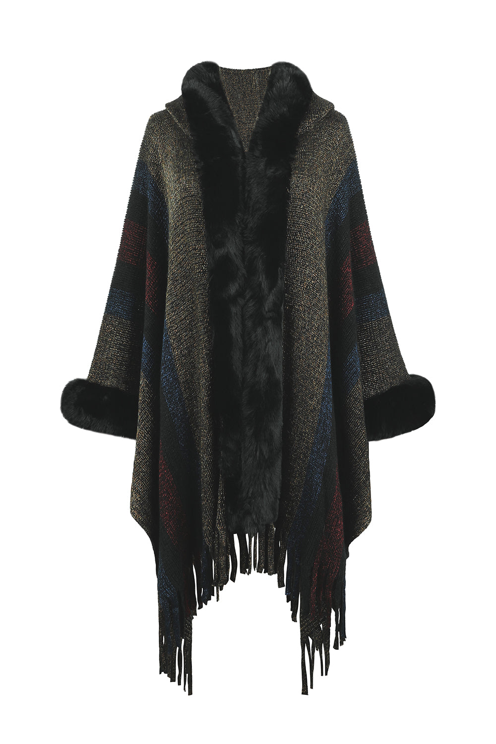 One Size Color Block Fringe Detail Poncho